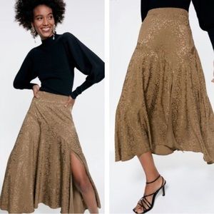 ZARA Gold Midi Skirt with Front/Side Slit